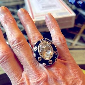 Statement piece Brighton ring. Black lucite oval with Swarovski and silver
